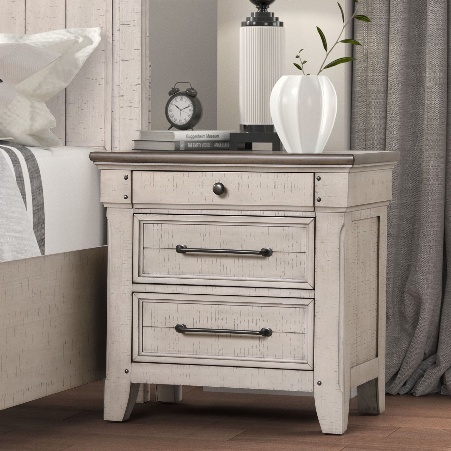 Walcott 3-Drawer Bedroom Nightstand with Charging Station, Weathered Dusty-taupe Finish