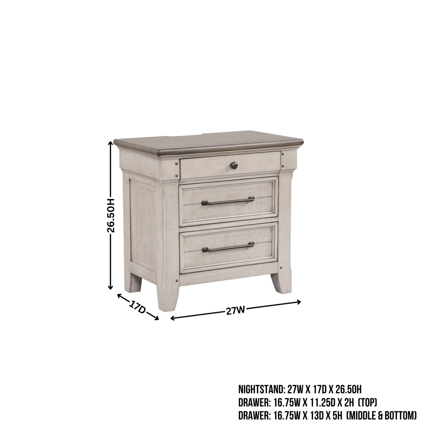 Walcott 3-Drawer Bedroom Nightstand with Charging Station, Weathered Dusty-taupe Finish