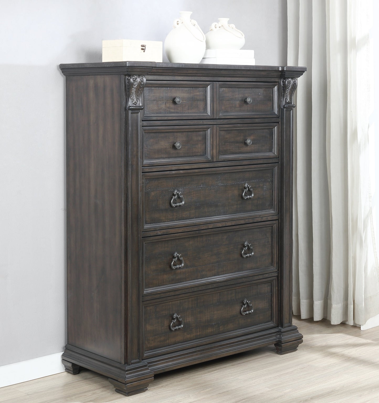 Farson Distressed Dark Walnut Finish Wood 5-Drawer Chest