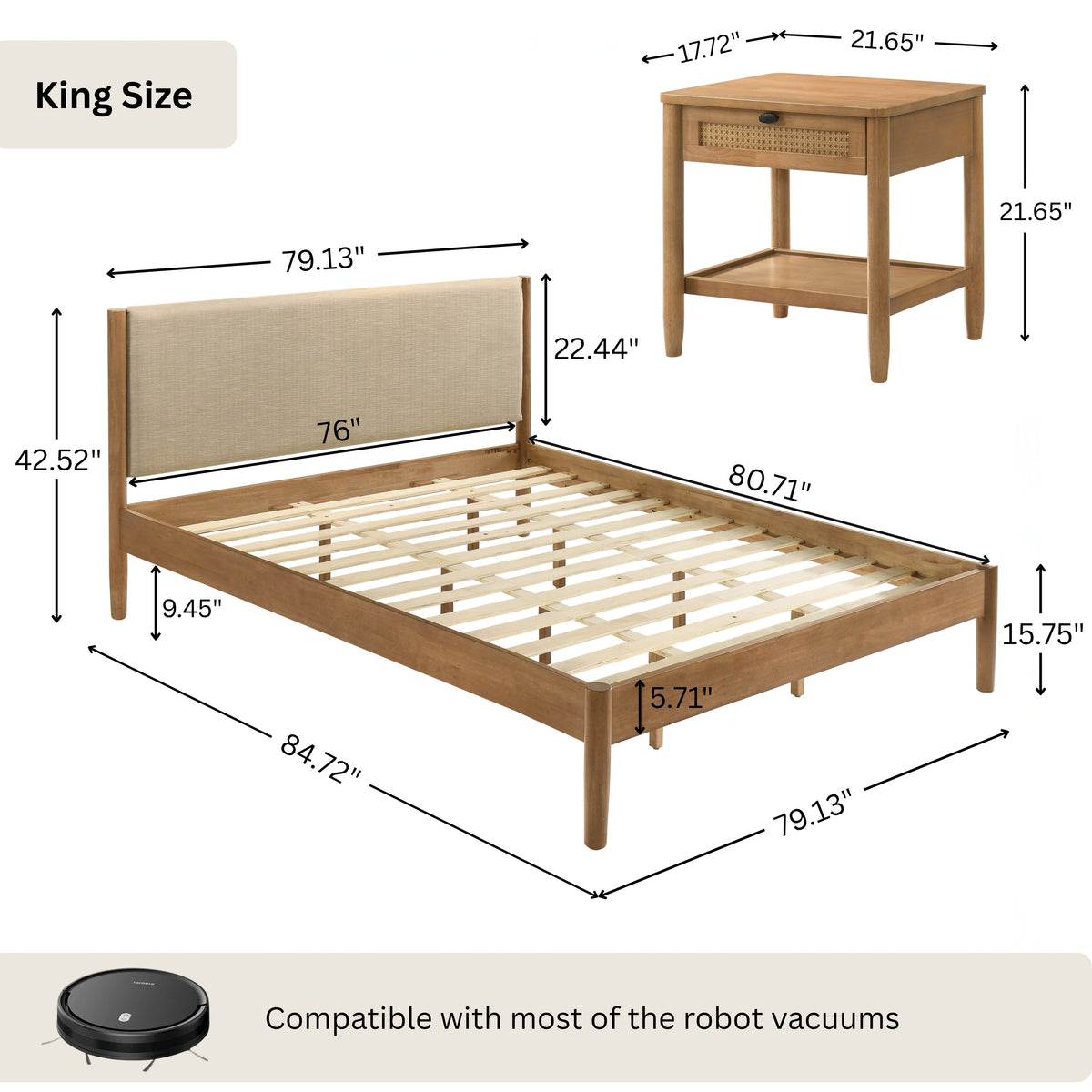 Roundhill Furniture Vichy 2-Piece Rubberwood Bedroom Set, Platform Bed with Nightstand