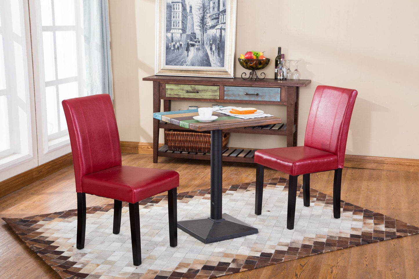 Roundhill Urban Style Solid Wood Faux Leather Parsons Chair, Red, Set of 2