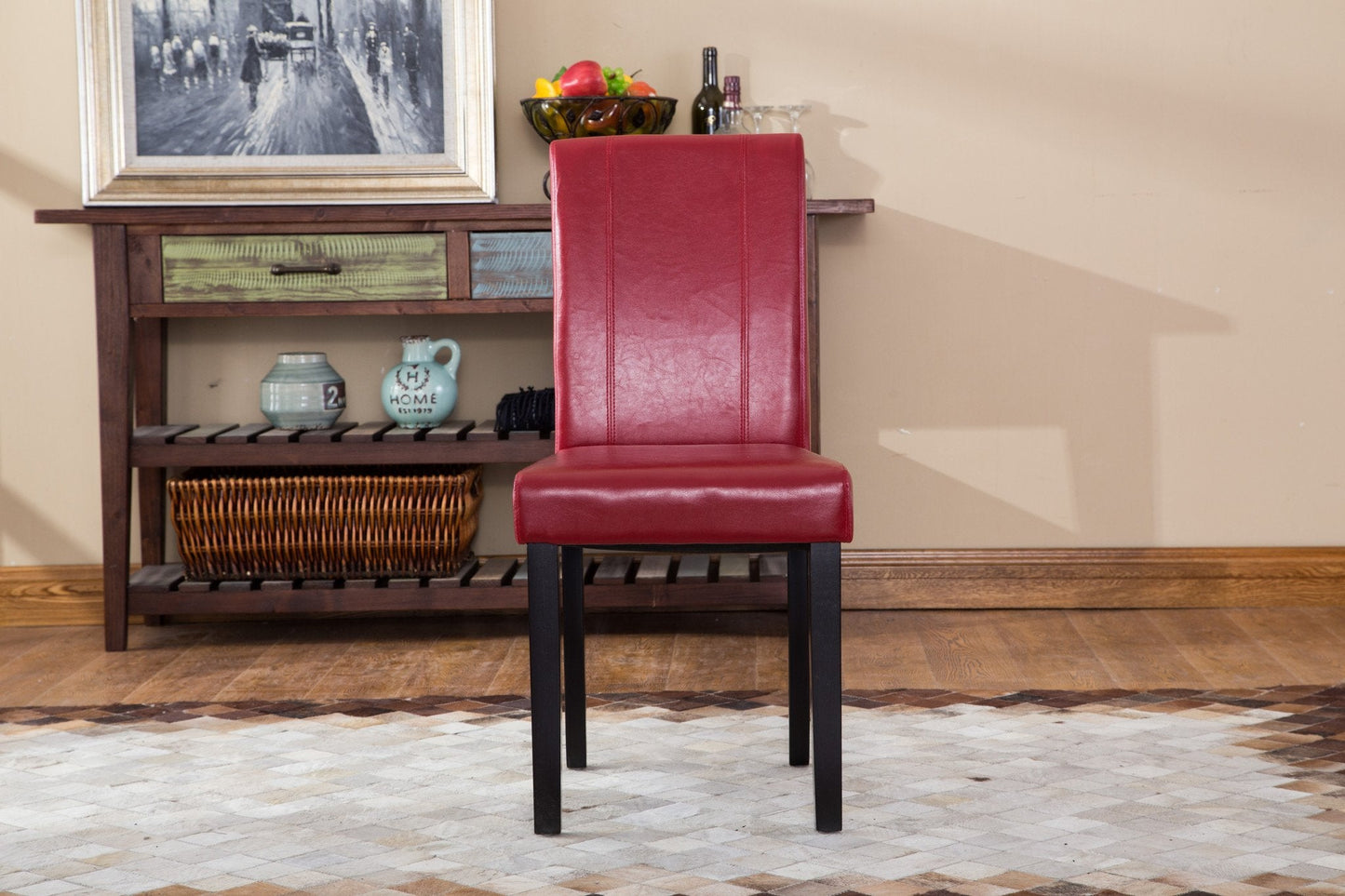 Roundhill Urban Style Solid Wood Faux Leather Parsons Chair, Red, Set of 2