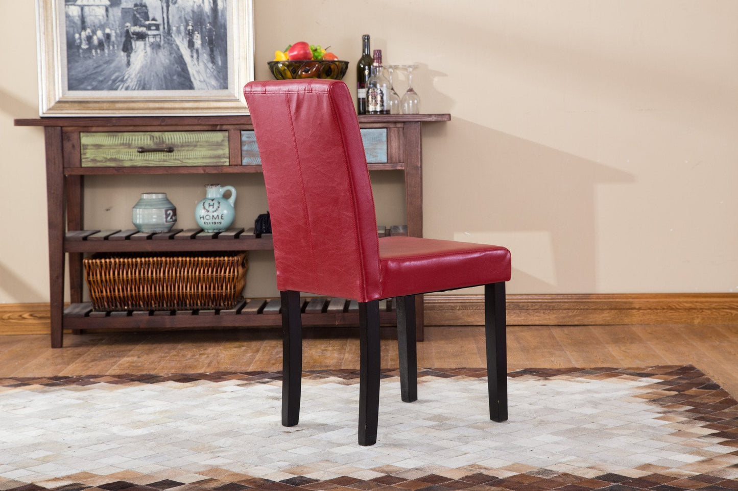 Roundhill Urban Style Solid Wood Faux Leather Parsons Chair, Red, Set of 2