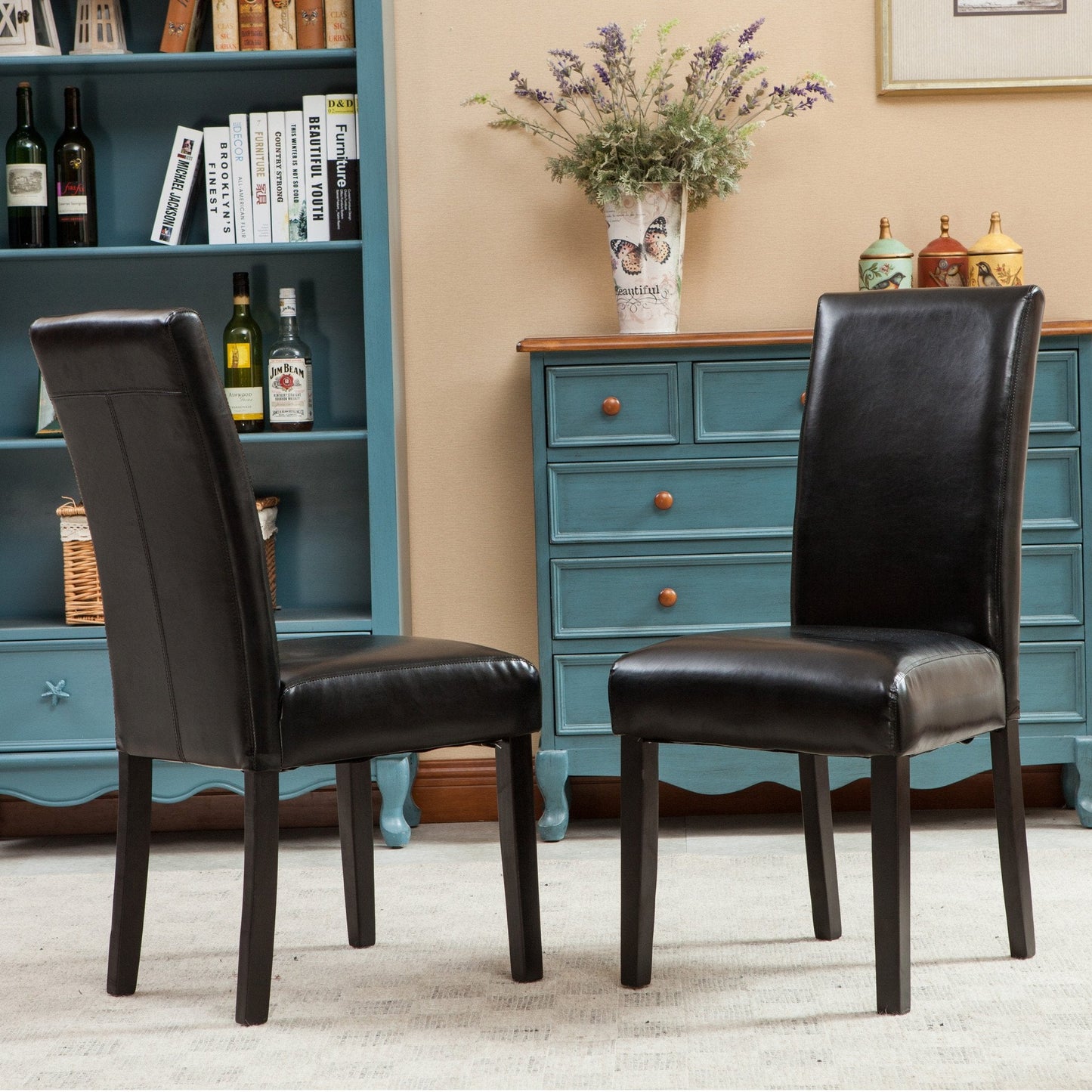 Donatello Black Urban Style Solid Wood Leatherette Padded Parson Chair, Set of 2