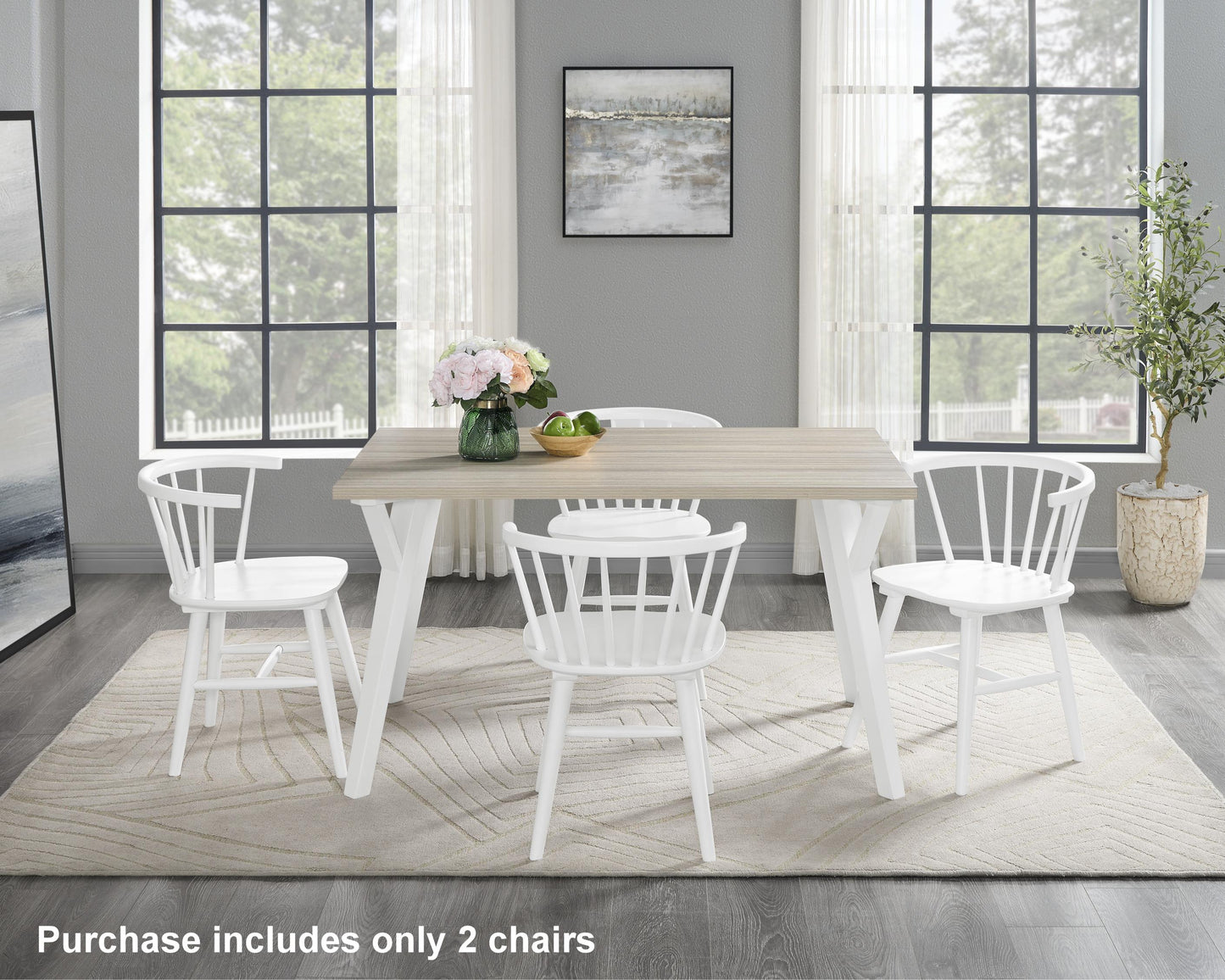 Alwynn Contemporary Wooden Spindle Back Dining Chairs, Windsor Chairs, Set of 2, White