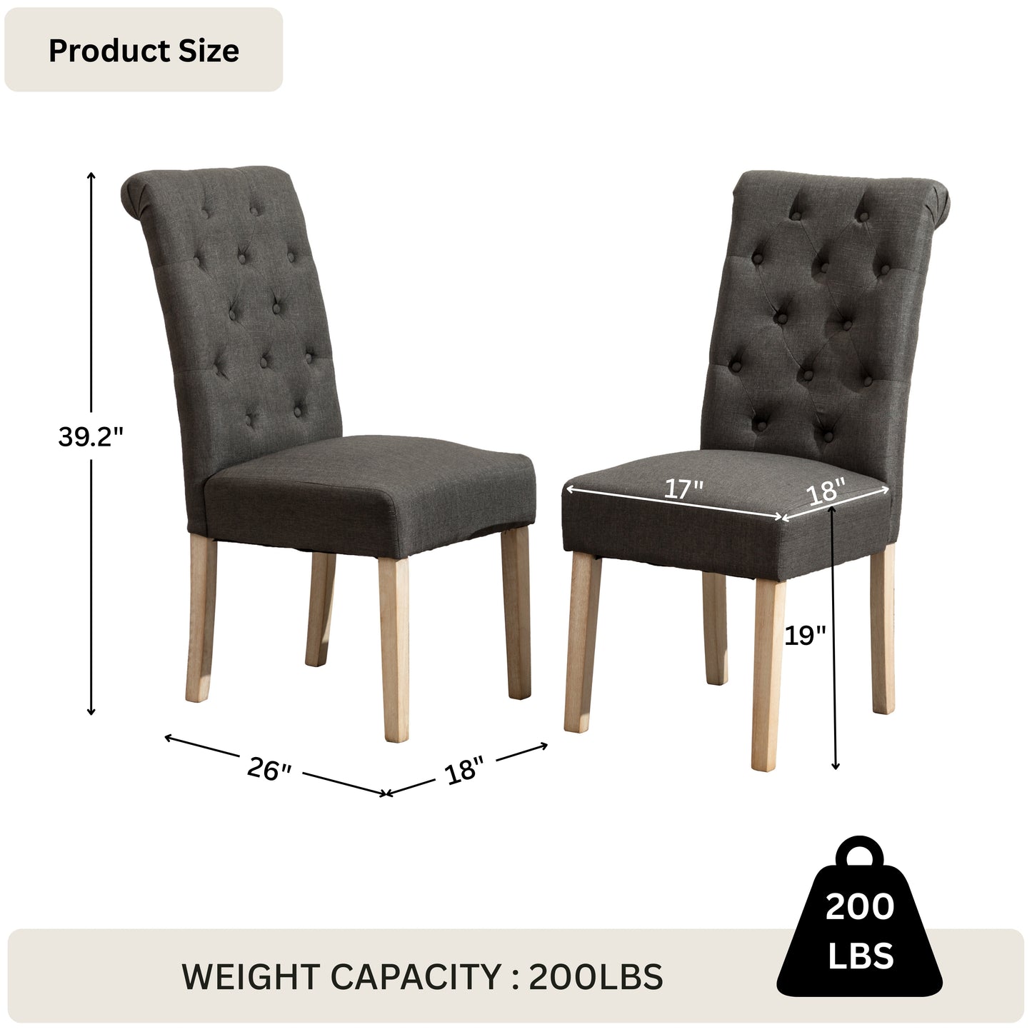 Habit Solid Wood Tufted Parsons Charcoal Dining Chair, Set of 2