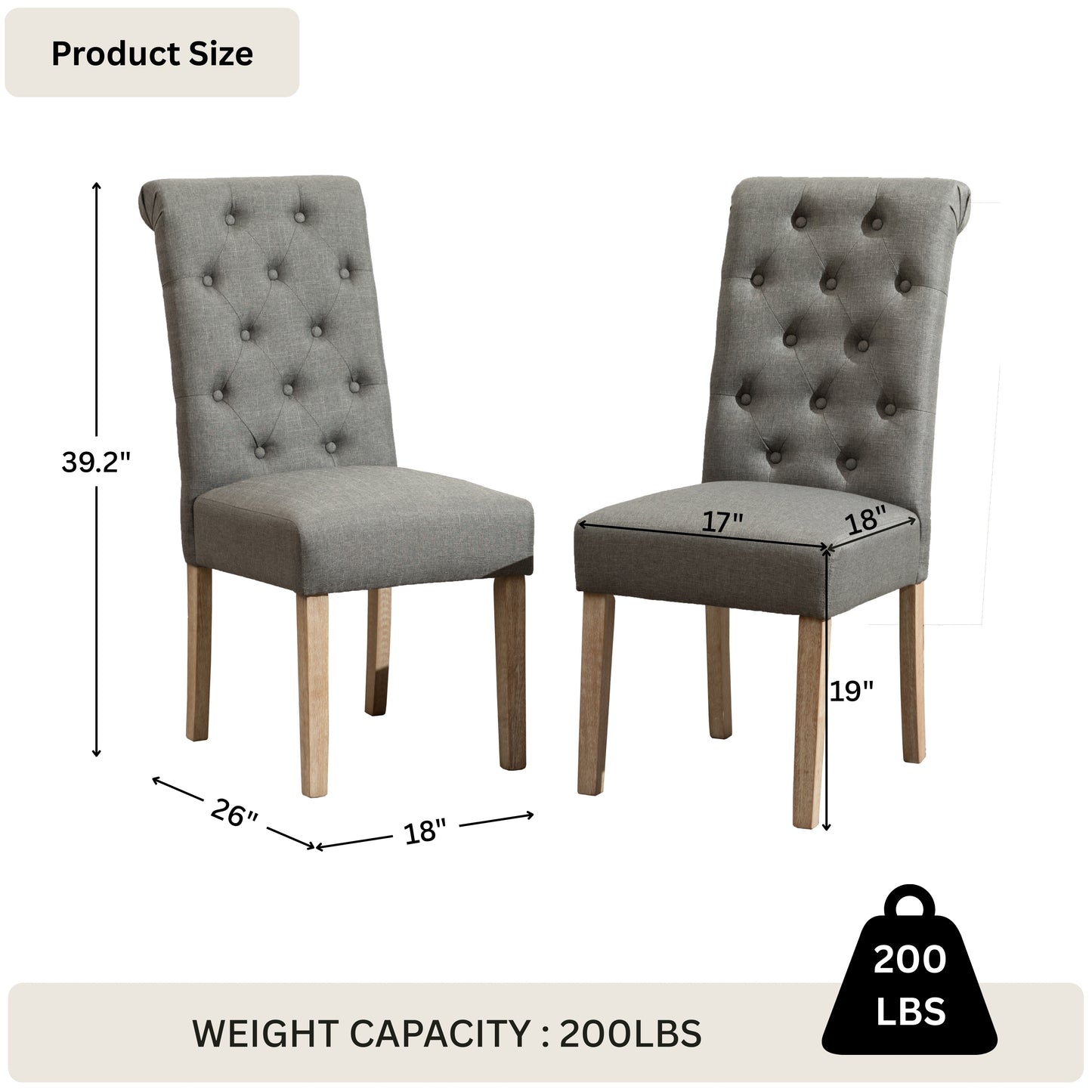 Habit Grey Solid Wood Tufted Parsons Dining Chair ,Set of 2