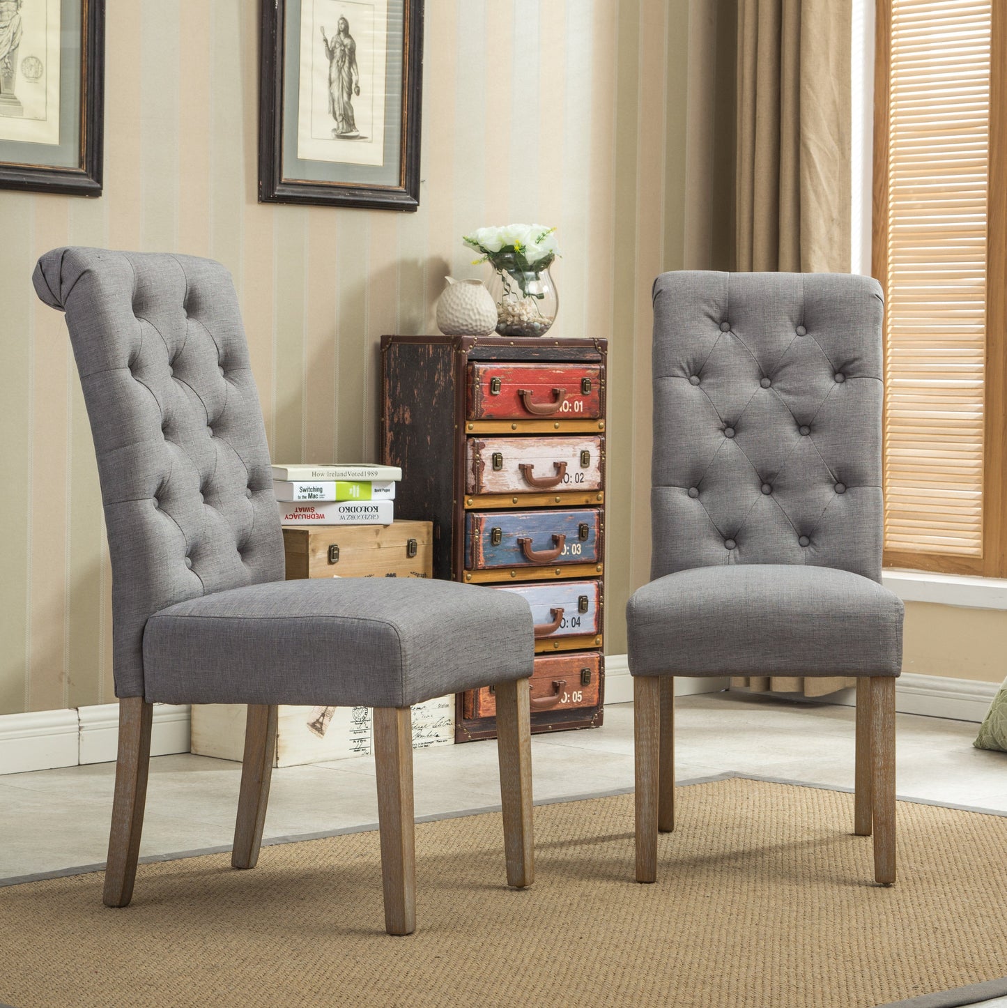 Roundhill Furniture Habit Solid Wood Tufted Parsons Dining Chair, Grey, Set of 2