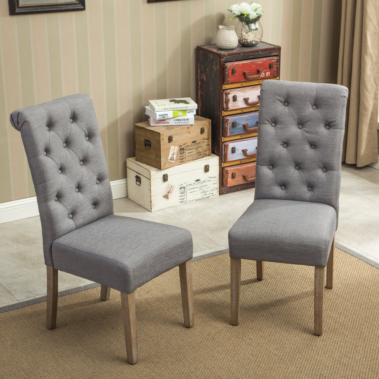 Roundhill Furniture Habit Solid Wood Tufted Parsons Dining Chair, Grey, Set of 2