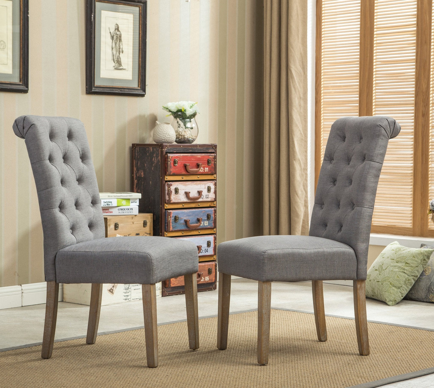 Roundhill Furniture Habit Solid Wood Tufted Parsons Dining Chair, Grey, Set of 2