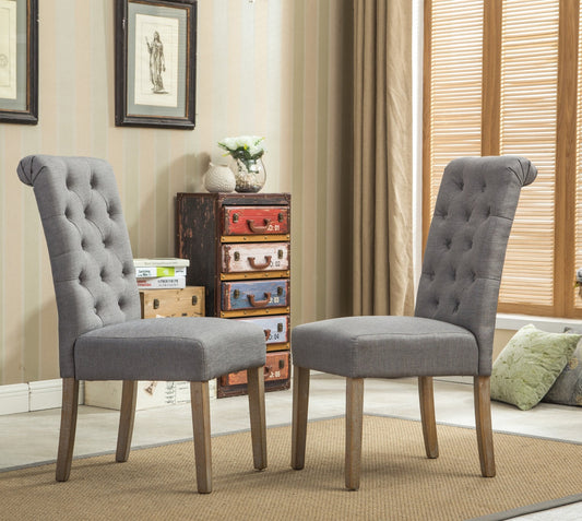 Roundhill Furniture Habit Solid Wood Tufted Parsons Dining Chair, Grey, Set of 2