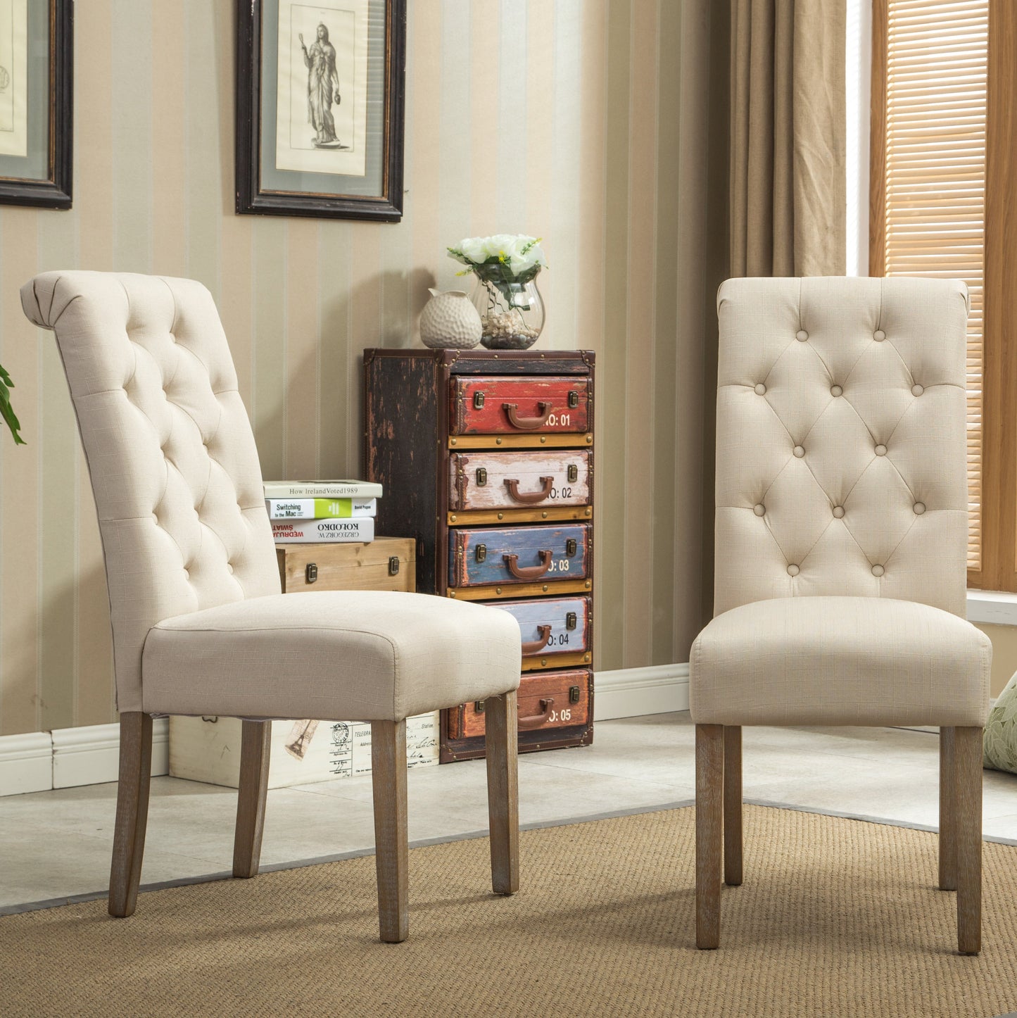 Roundhill Furniture Habit Solid Wood Tufted Parsons Dining Chair , Tan, Set of 2