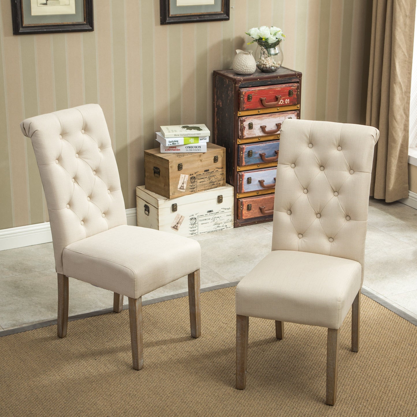 Roundhill Furniture Habit Solid Wood Tufted Parsons Dining Chair , Tan, Set of 2