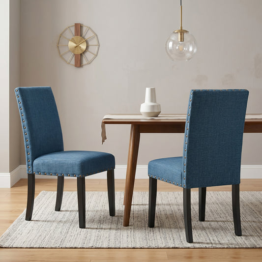 Biony Blue Fabric Dining Chairs with Nailhead Trim, Set of 2
