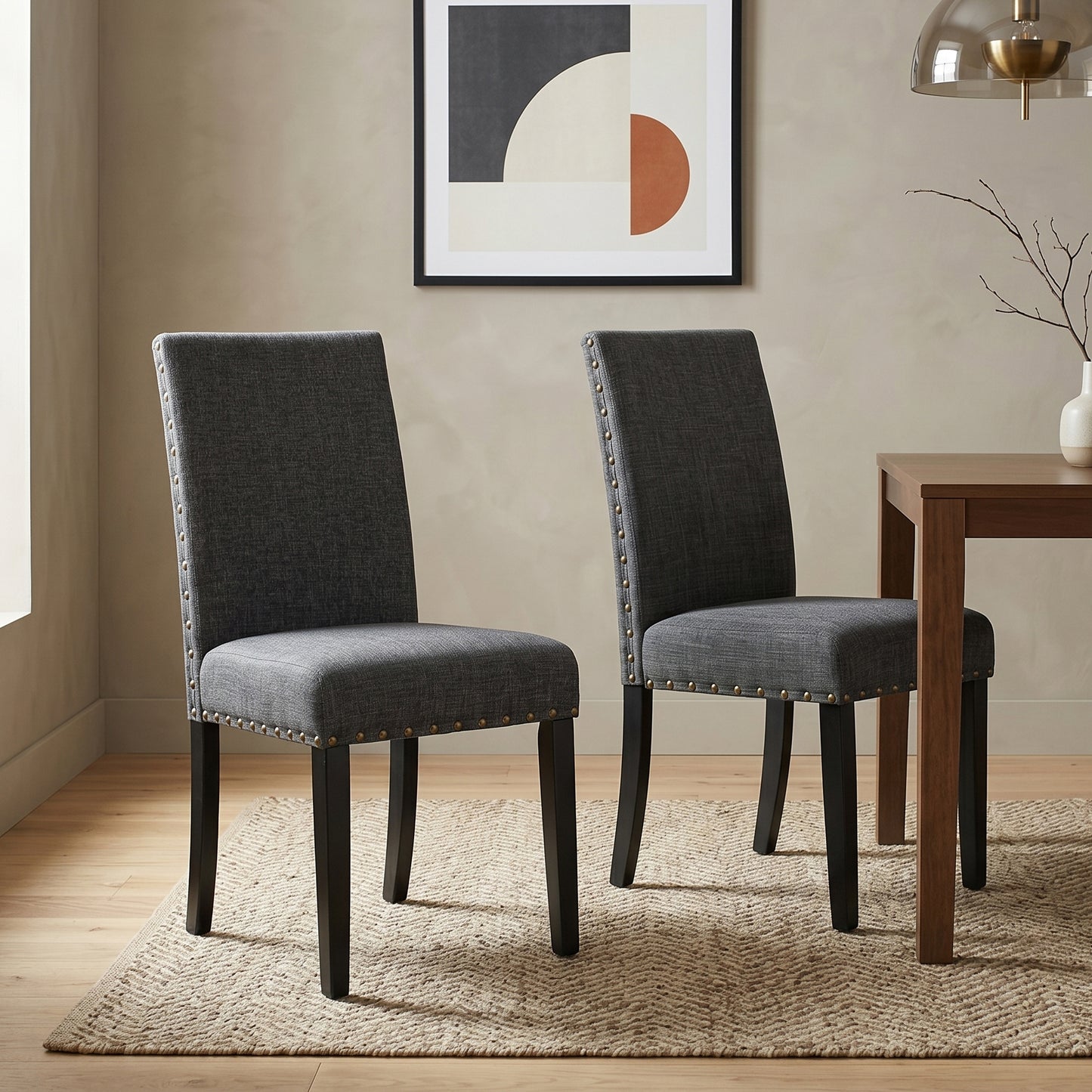 Biony Gray Fabric Dining Chairs with Nailhead Trim, Set of 2