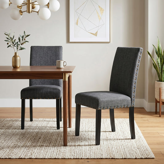 Biony Gray Fabric Dining Chairs with Nailhead Trim, Set of 2