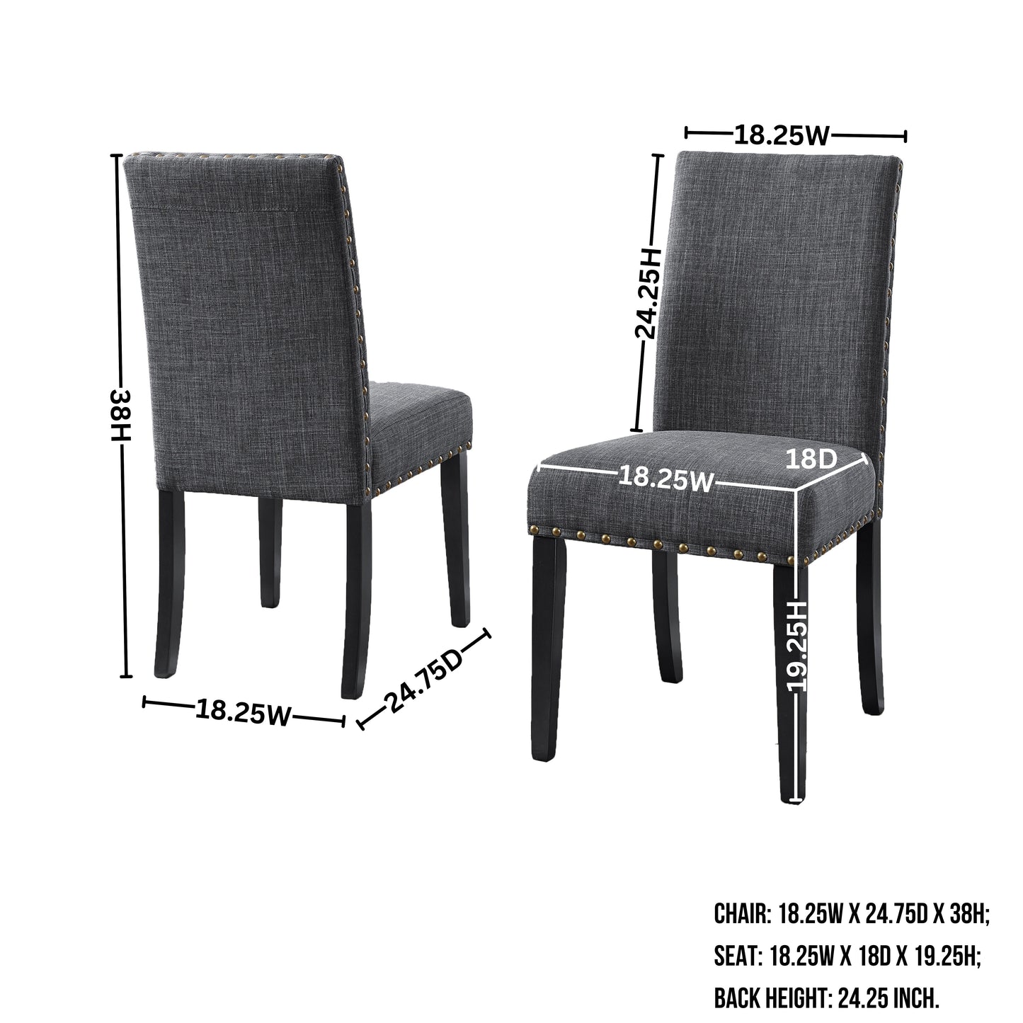 Roundhill Furniture Biony Fabric Dining Chairs with Nailhead Trim, Gray, Set of 2