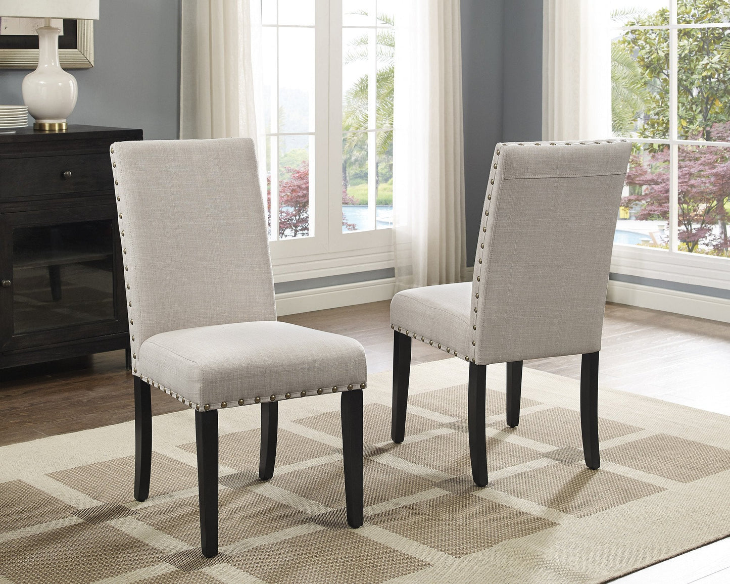 Roundhill Furniture Biony Fabric Dining Chairs with Nailhead Trim, Tan, Set of 2