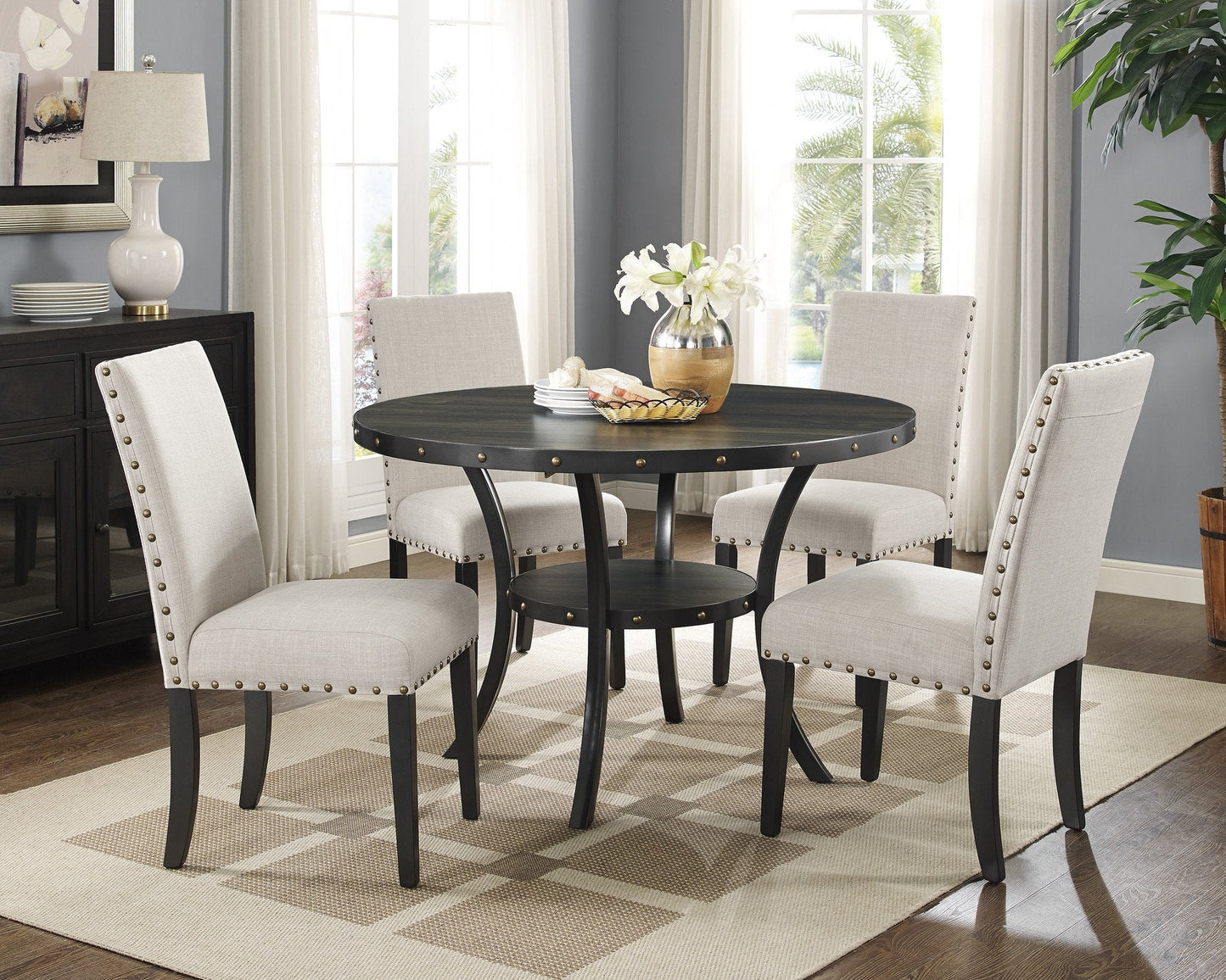 Roundhill Furniture Biony Fabric Dining Chairs with Nailhead Trim, Tan, Set of 2