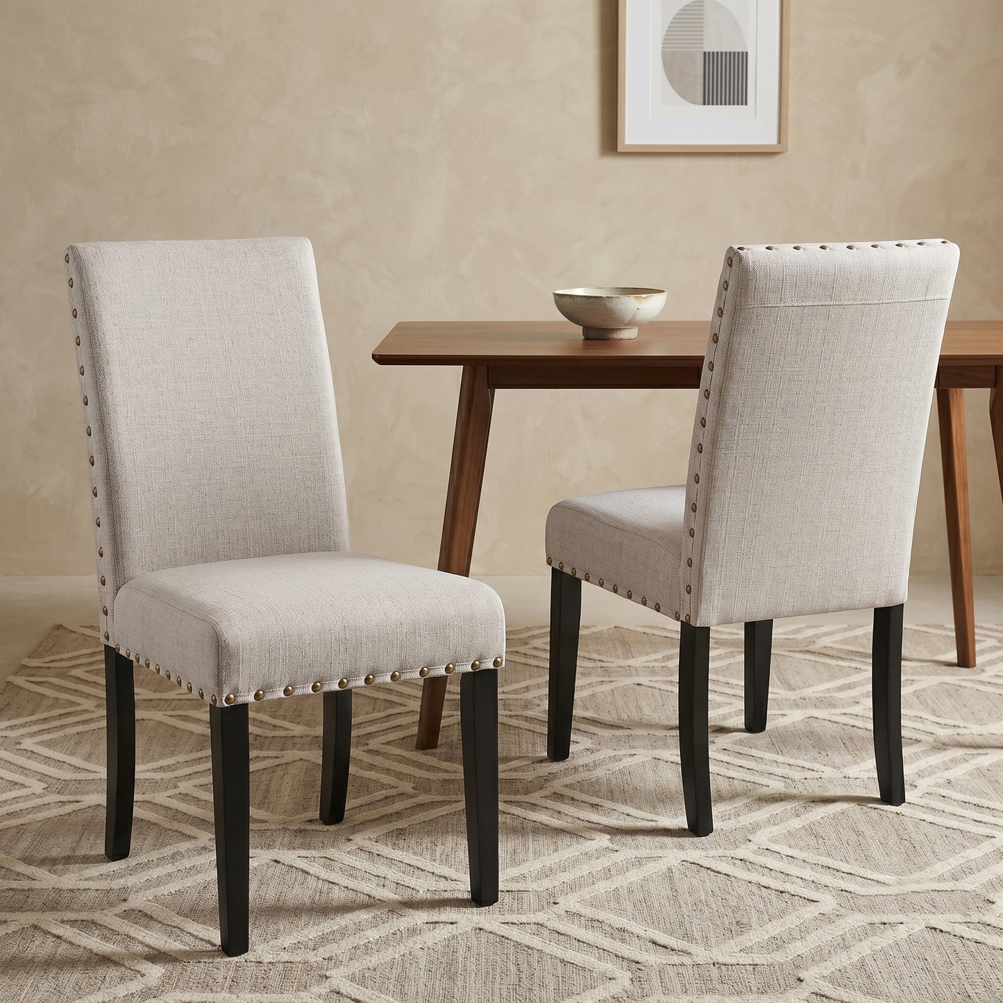 Biony Tan Fabric Dining Chairs with Nailhead Trim, Set of 2