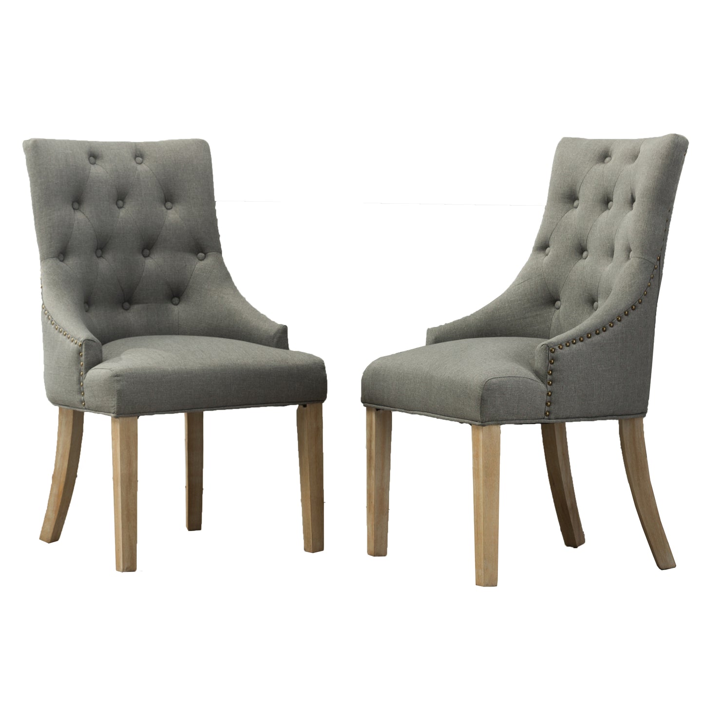 Grey Button Tufted Solid Wood Wingback Hostess Chairs with Nail Heads Set of 2