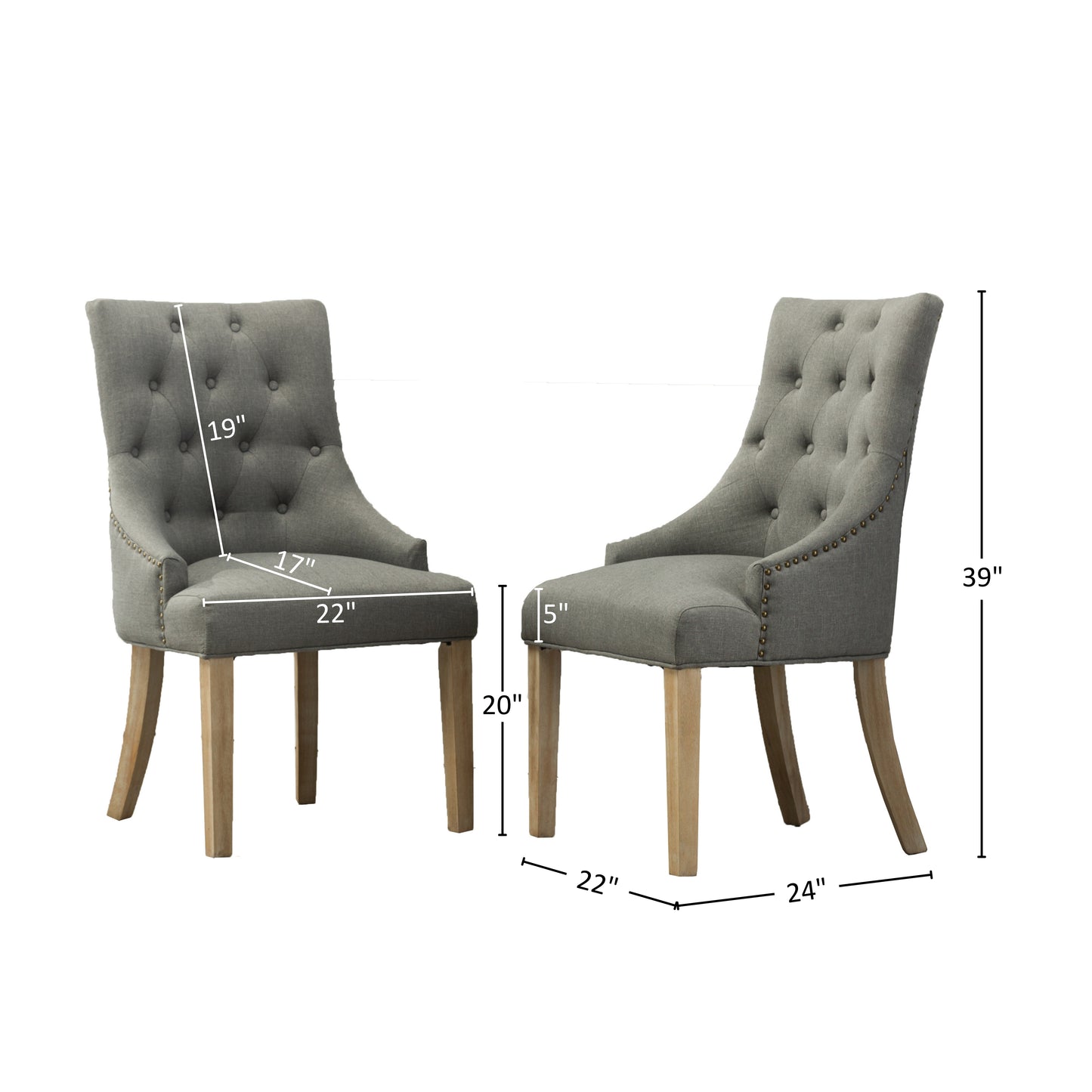 Grey Button Tufted Solid Wood Wingback Hostess Chairs with Nail Heads Set of 2