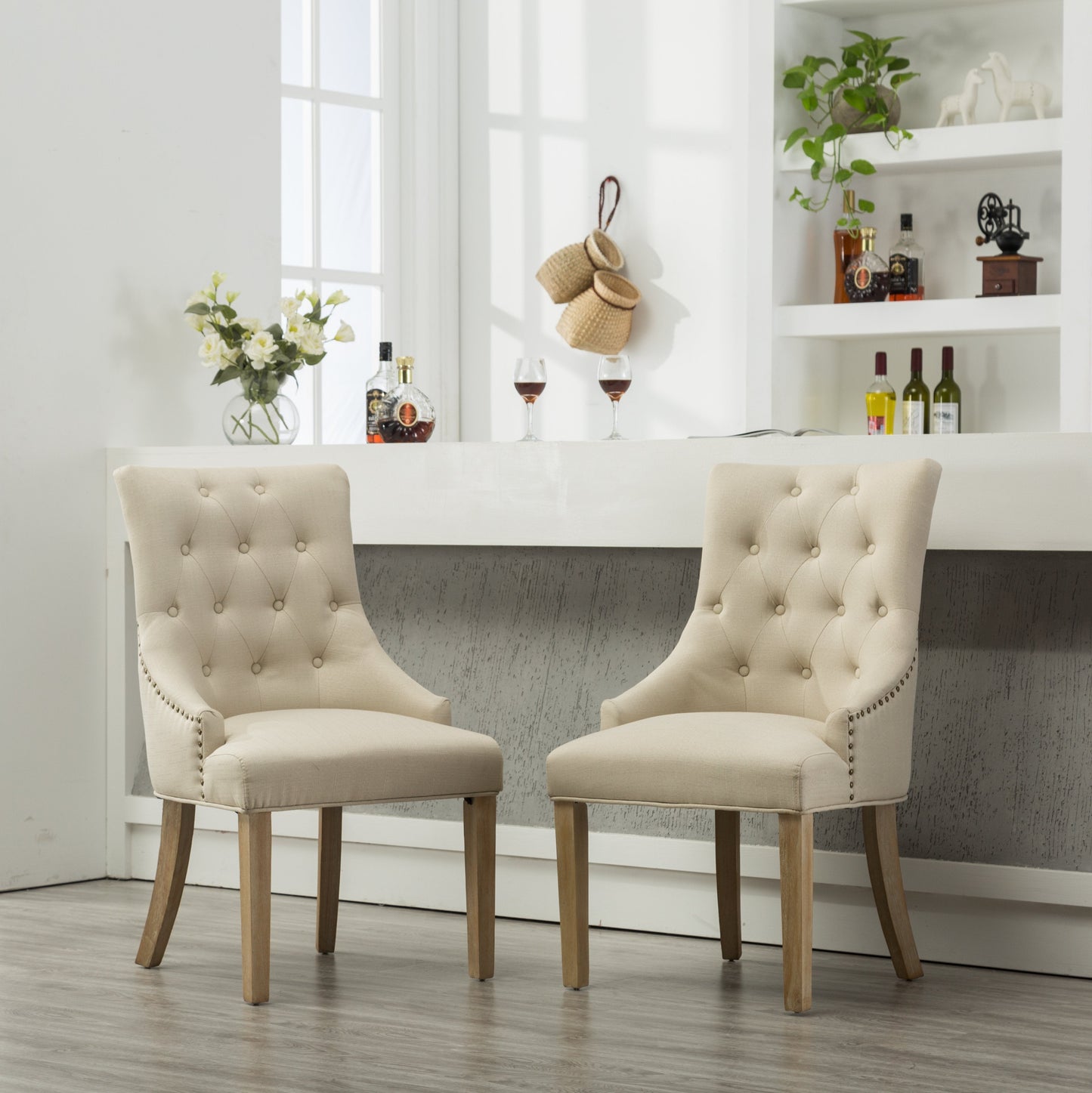 Roundhill Furniture Button Tufted Solid Wood Wingback Hostess Chairs with Nailheads, Set of 2