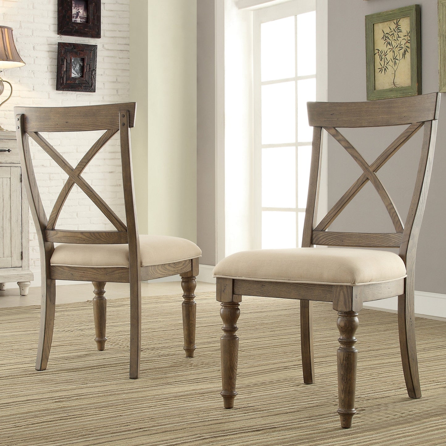 Trani Weathered Driftwood Finish Cross Back Dining Chairs, Set of 2