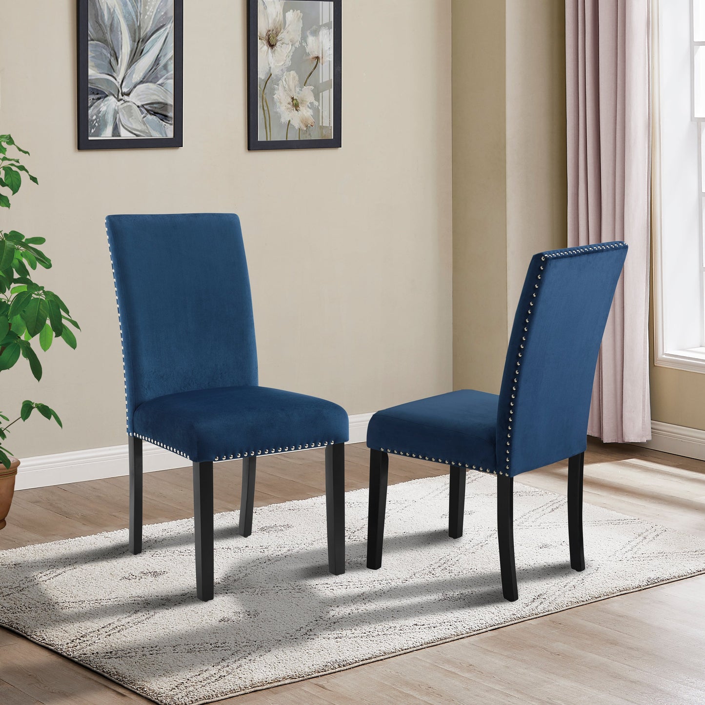 Roundhill Furniture Cobre Contemporary Velvet Dining Chair with Nailhead Trim, Blue, Set of 2