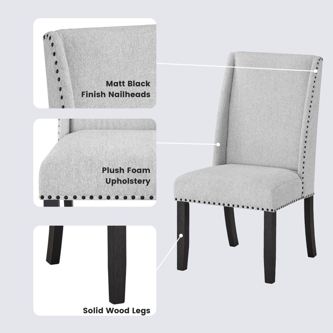 Roundhill Furniture Hirima Modern Elegance Dining Chairs, Light Gray Upholstery with Matte Black Nailhead Trim, Set of 2