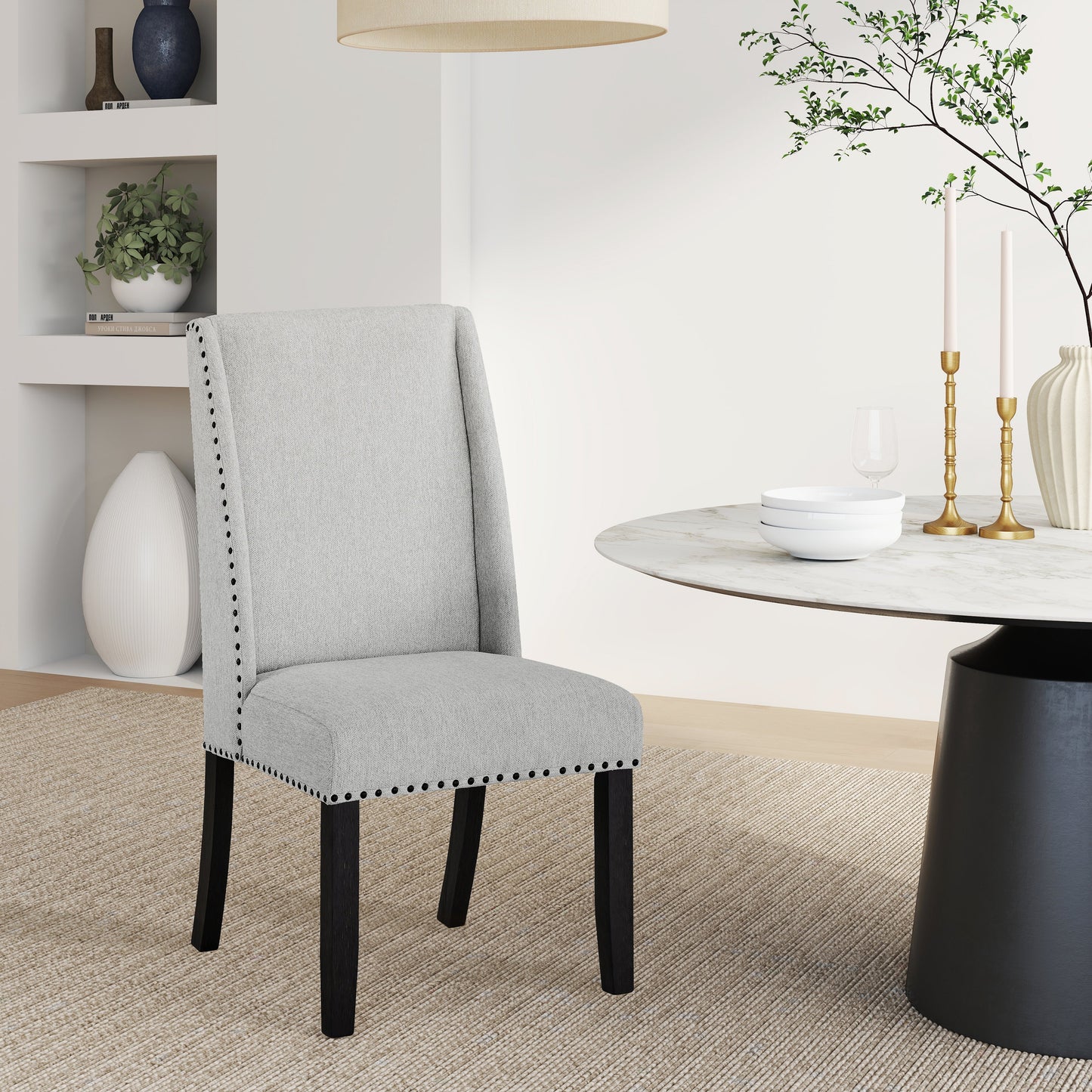 Roundhill Furniture Hirima Modern Elegance Dining Chairs, Light Gray Upholstery with Matte Black Nailhead Trim, Set of 2