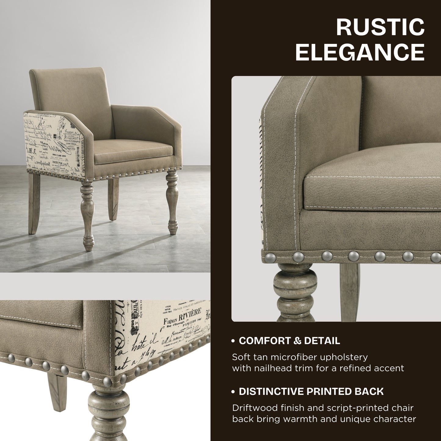 Birmingham Script Printed Driftwood Finish Dining Arm Chair with Nail head, Set of 2