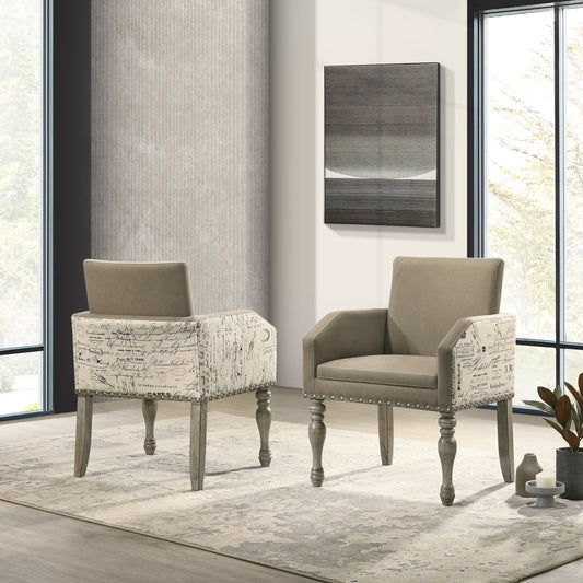 Birmingham Script Printed Driftwood Finish Dining Arm Chair with Nail head, Set of 2