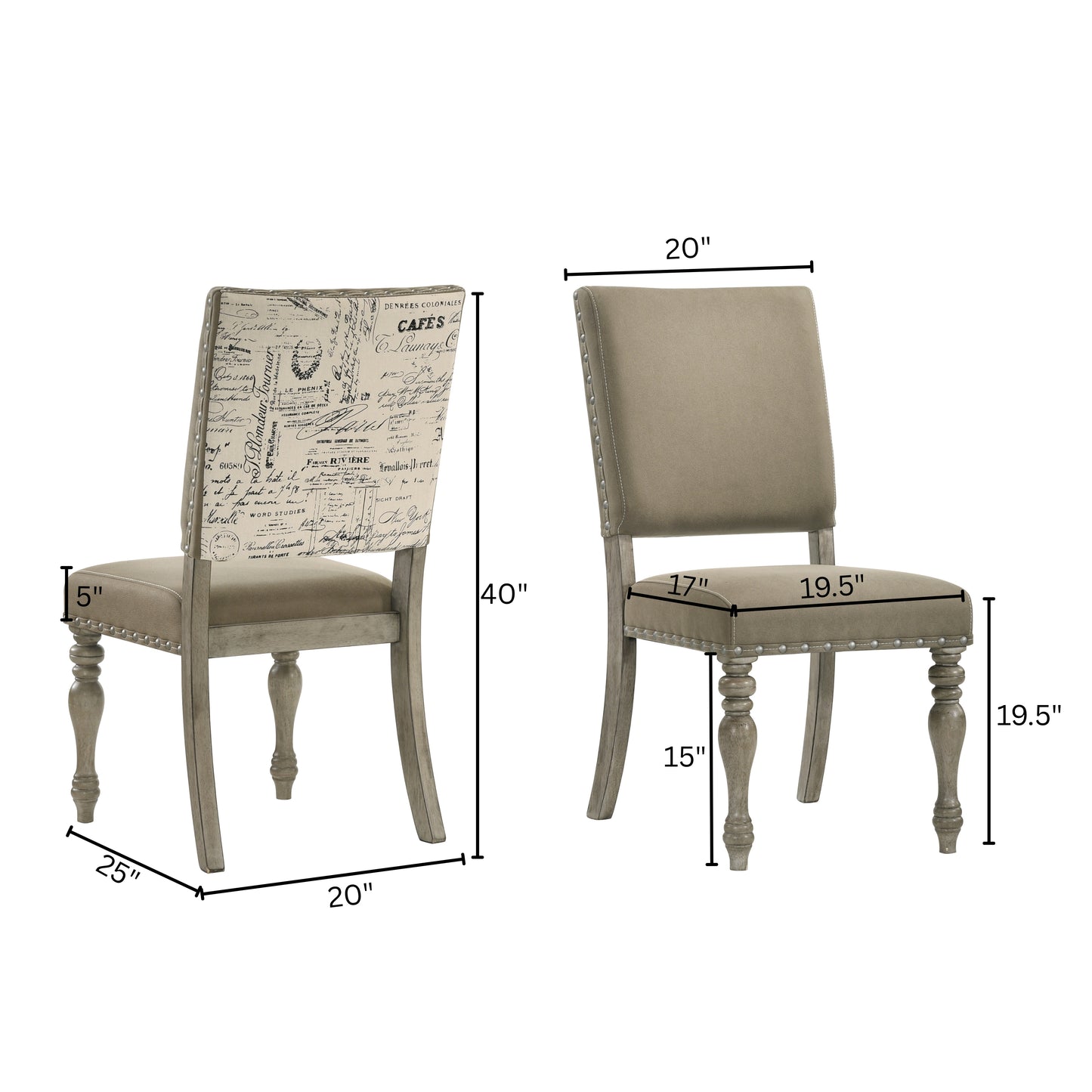 Birmingham Script Printed Driftwood Finish Dining Chair with Nail head, Set of 2