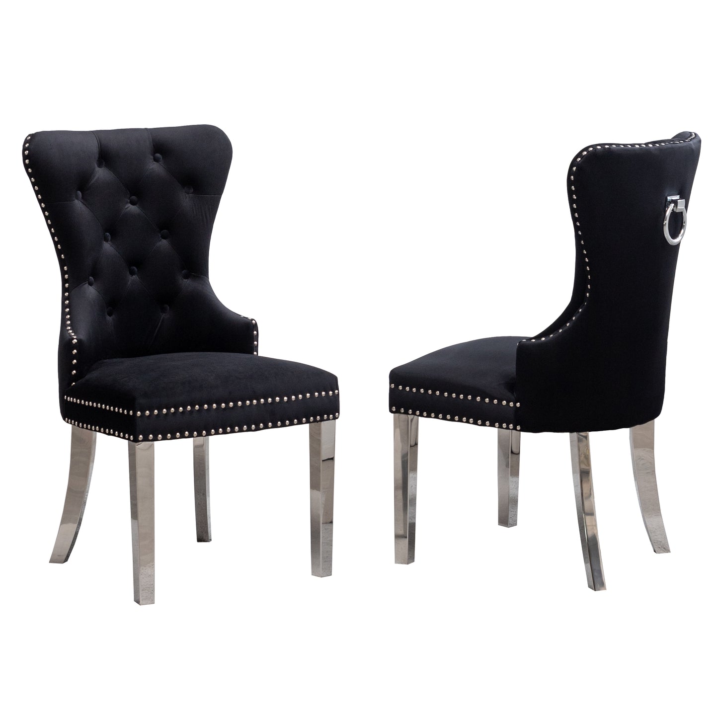 Montura Contemporary Tufted Velvet Chair with Nailhead Trim, Set of 2, Black