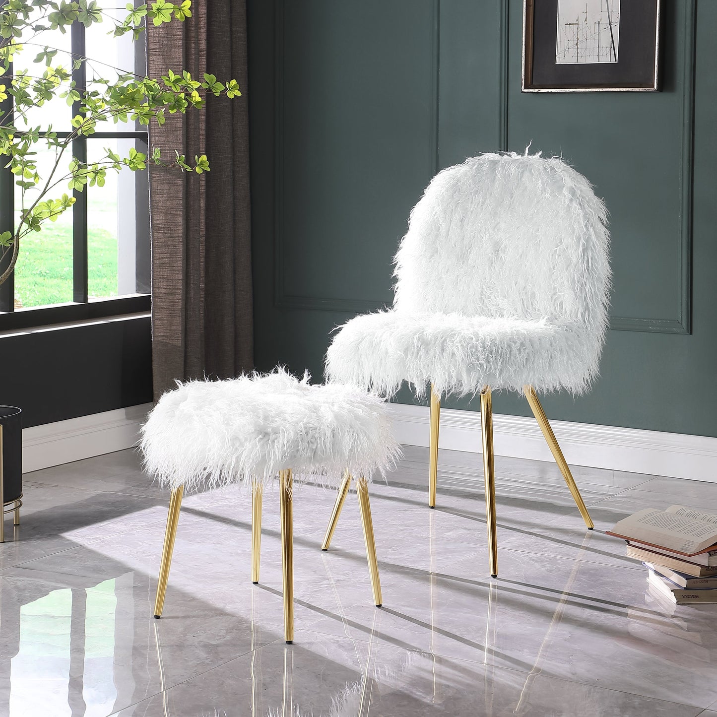 Ravni Faux Fur Accent Chair with Ottman