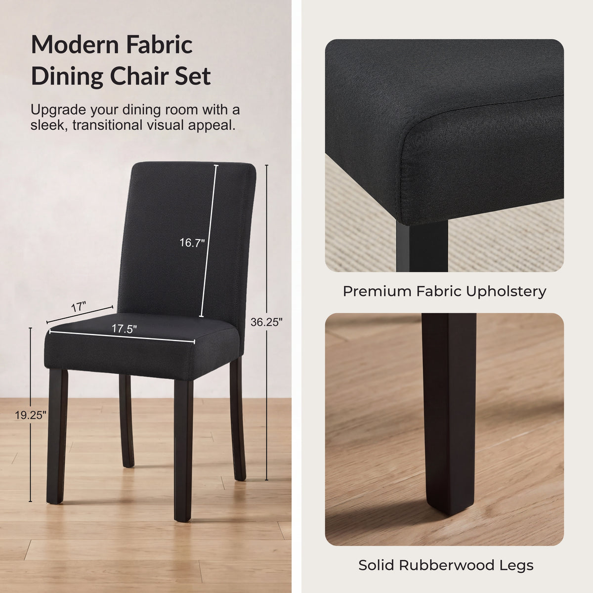 Roundhill Furniture Flint Modern Upholstered Dining Chairs, Set of 2, Black
