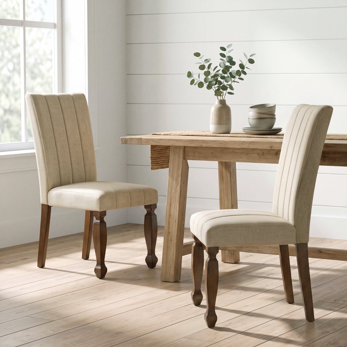 Roundhill Furniture Rowan Upholstered Turned Leg Wood Dining Chair, Set of 2, Beige