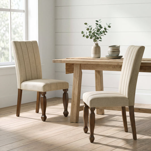 Roundhill Furniture Rowan Upholstered Turned Leg Wood Dining Chair, Set of 2, Beige