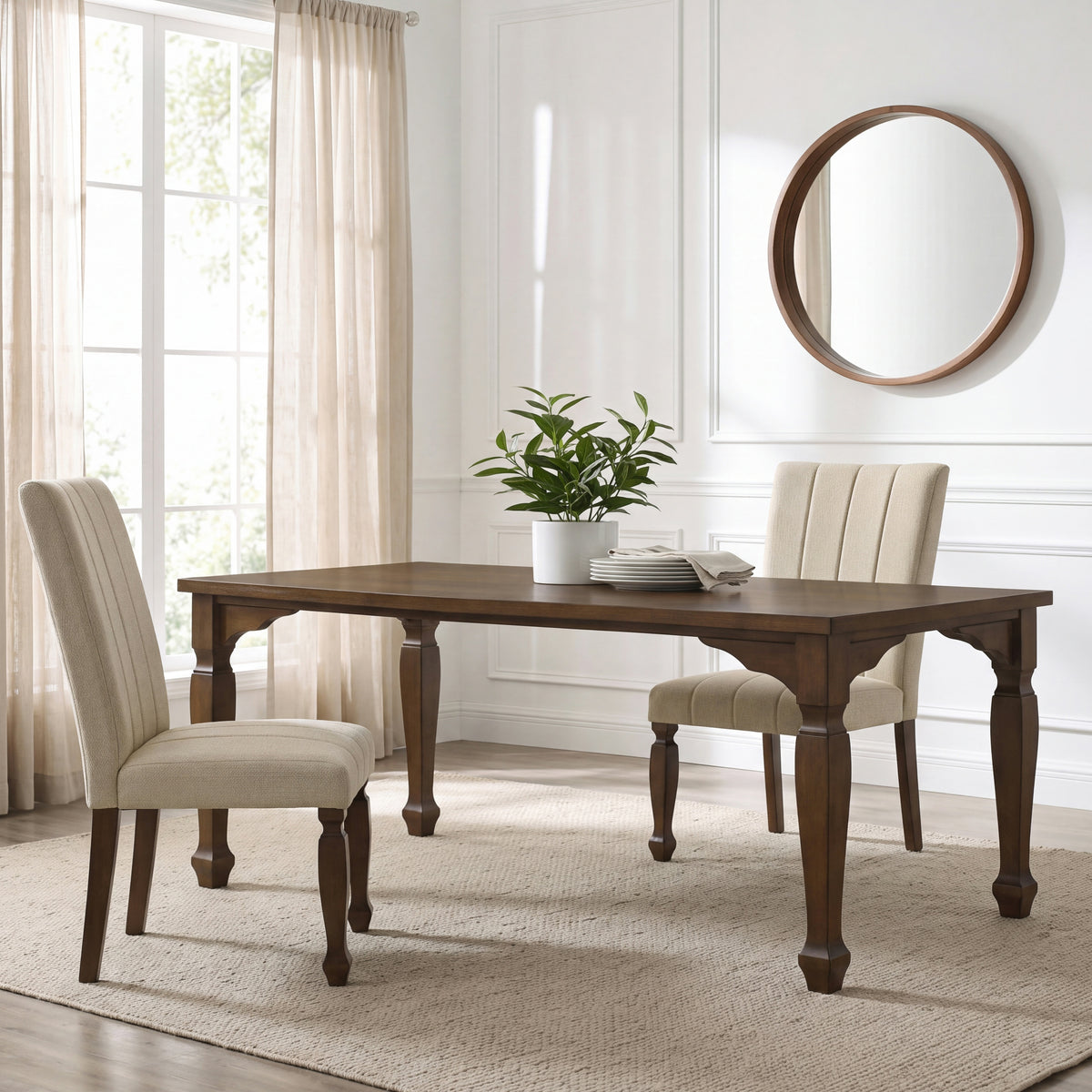 Roundhill Furniture Rowan Upholstered Turned Leg Wood Dining Chair, Set of 2, Beige
