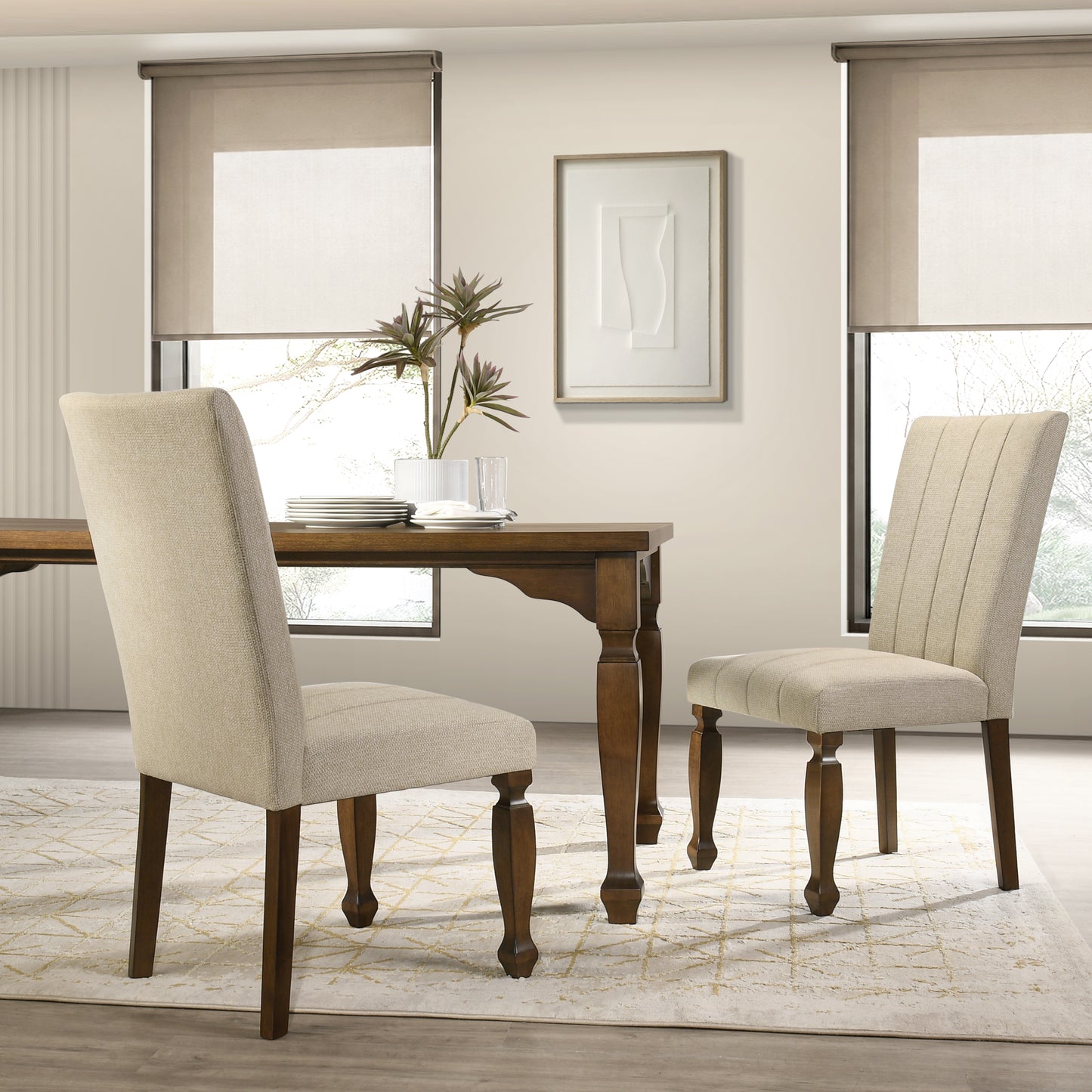 Roundhill Furniture Rowan Upholstered Turned Leg Wood Dining Chair, Set of 2, Beige