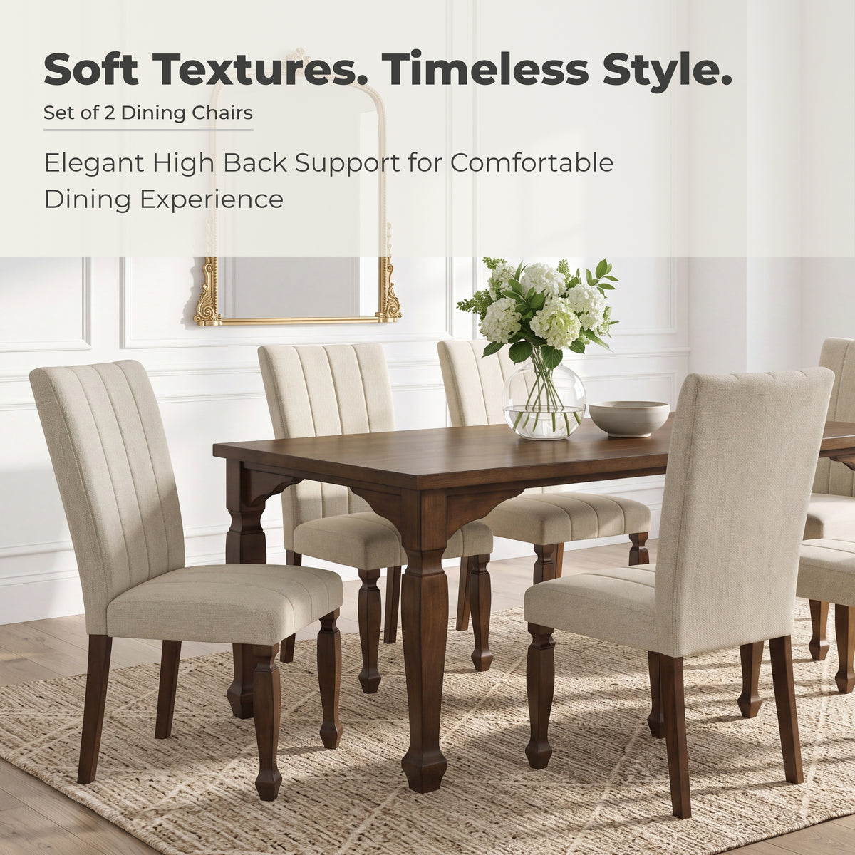 Roundhill Furniture Rowan Upholstered Turned Leg Wood Dining Chair, Set of 2, Beige