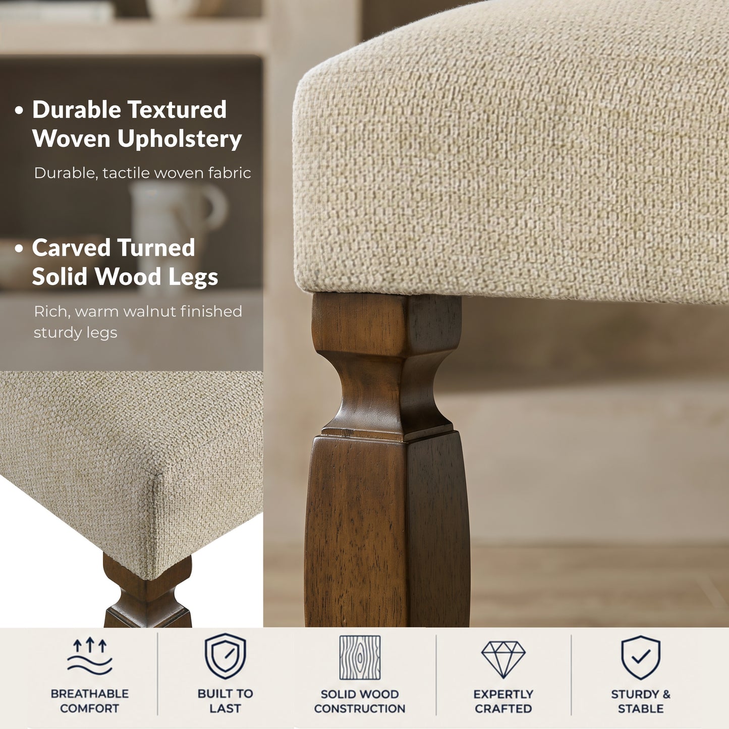 Roundhill Furniture Rowan Upholstered Turned Leg Wood Dining Chair, Set of 2, Beige