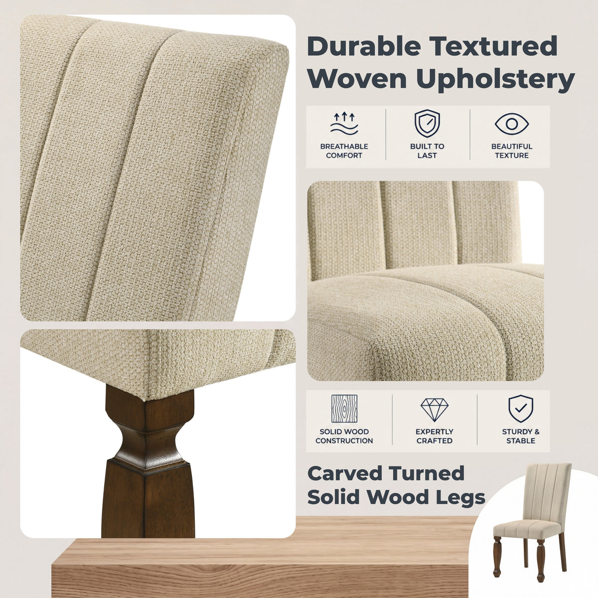 Roundhill Furniture Rowan Upholstered Turned Leg Wood Dining Chair, Set of 2, Beige