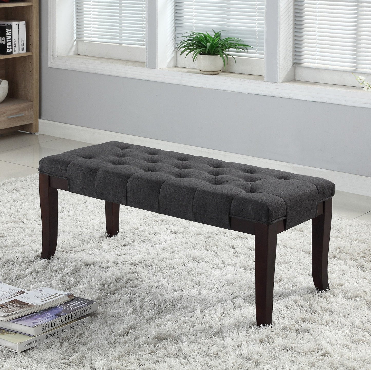 Roundhill Furniture Linon Fabric Tufted Ottoman Bench, Grey