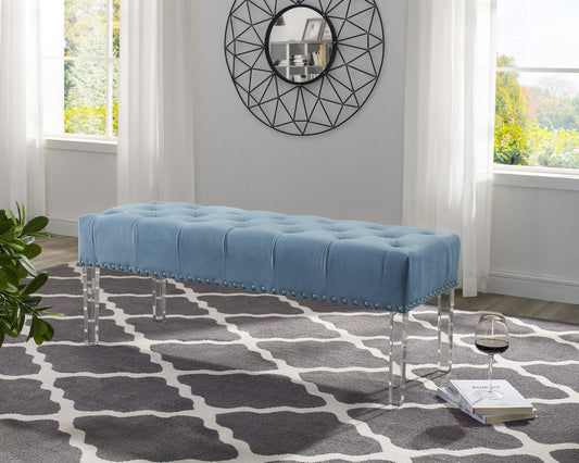 Roundhill Furniture Valley Button tufted Velvet Upholstered Bench With Acrylic Leg, Blue