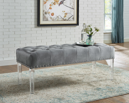 Roundhill Furniture Valley Button tufted Velvet Upholstered Bench With Acrylic Leg, Gray