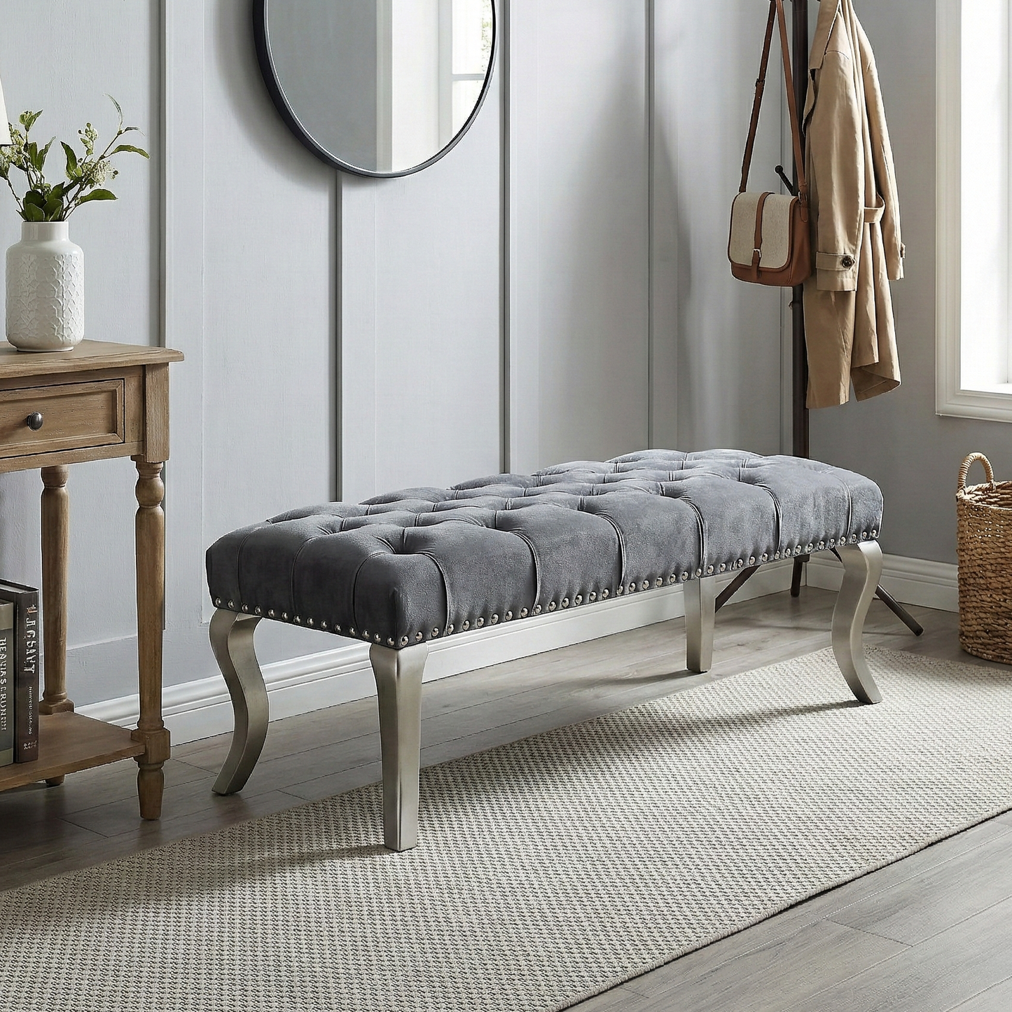 Decor Maxem Tufted Fabric Upholstered Seat with Nailhead Trim Bench, Gray