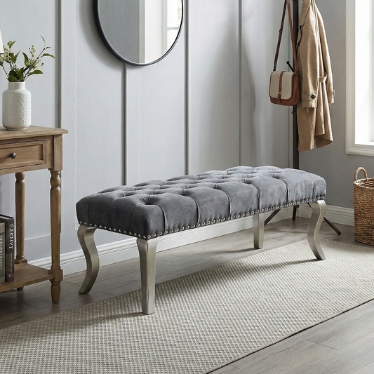Decor Maxem Tufted Fabric Upholstered Seat with Nailhead Trim Bench, Gray