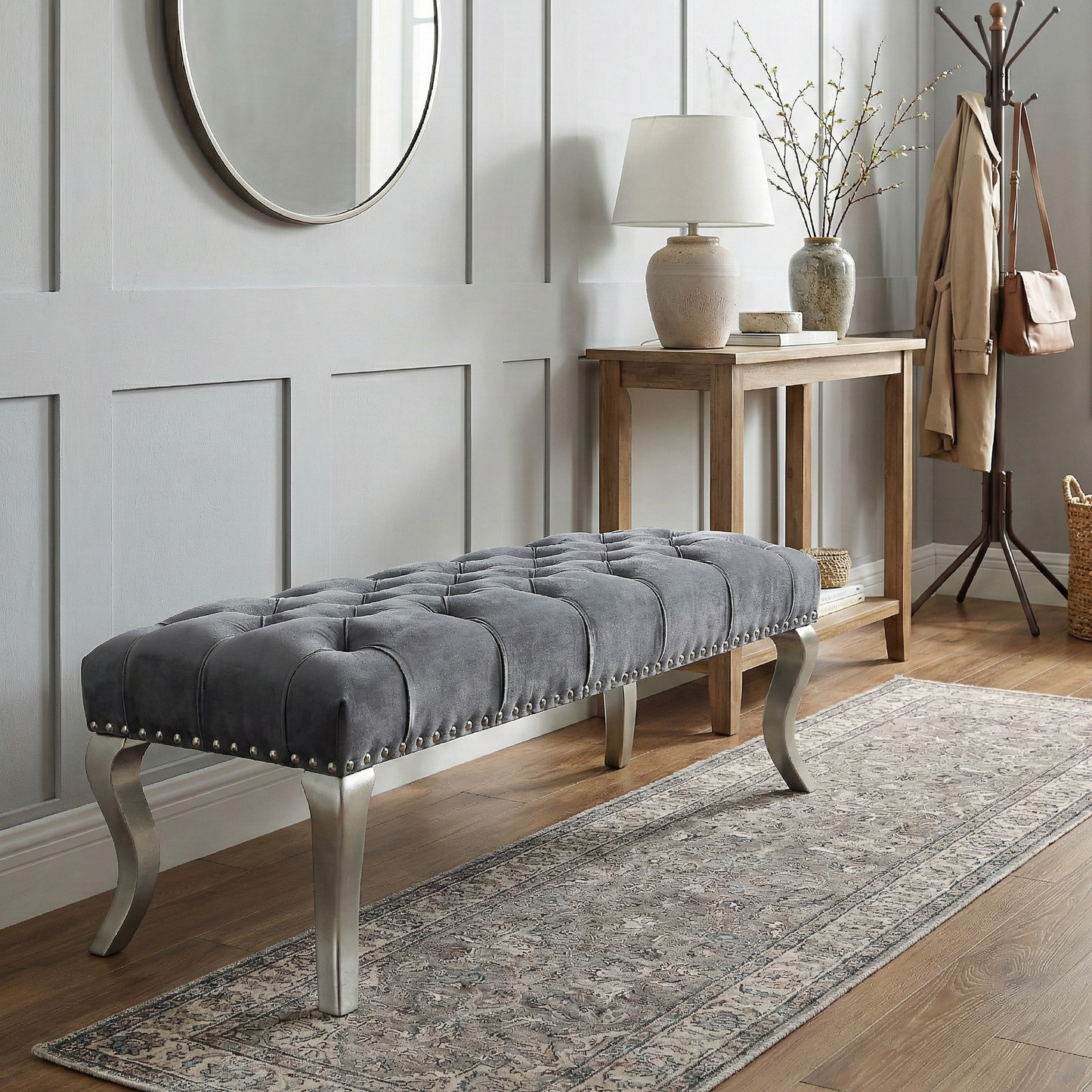 Decor Maxem Tufted Fabric Upholstered Seat with Nailhead Trim Bench, Gray